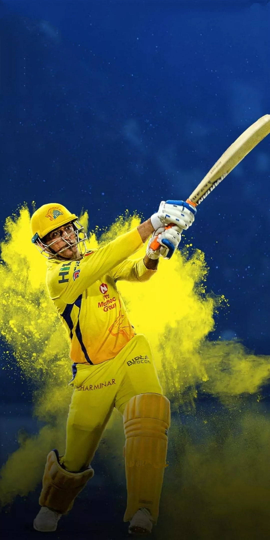 csk 2021 桌布 壁紙 — 身穿黃色球衣的板球運動員在深藍色背景下，於充滿活力的黃色粉末爆炸中揮動球棒。