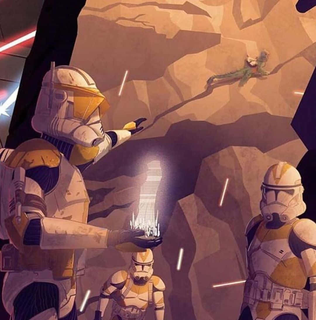 The Order 66 桌布 壁紙 — 身穿黃色盔甲的克隆人部隊站在岩石峽谷中，在戲劇性的燈光下手持發光的光劍。