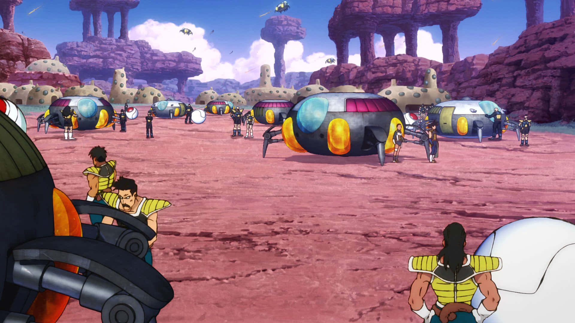 Planet Vegeta 桌布 壁紙 — 身穿黃色盔甲的動漫角色站在未來車輛附近，背景是紅色岩石外星景觀，有漂浮的岩石形成。