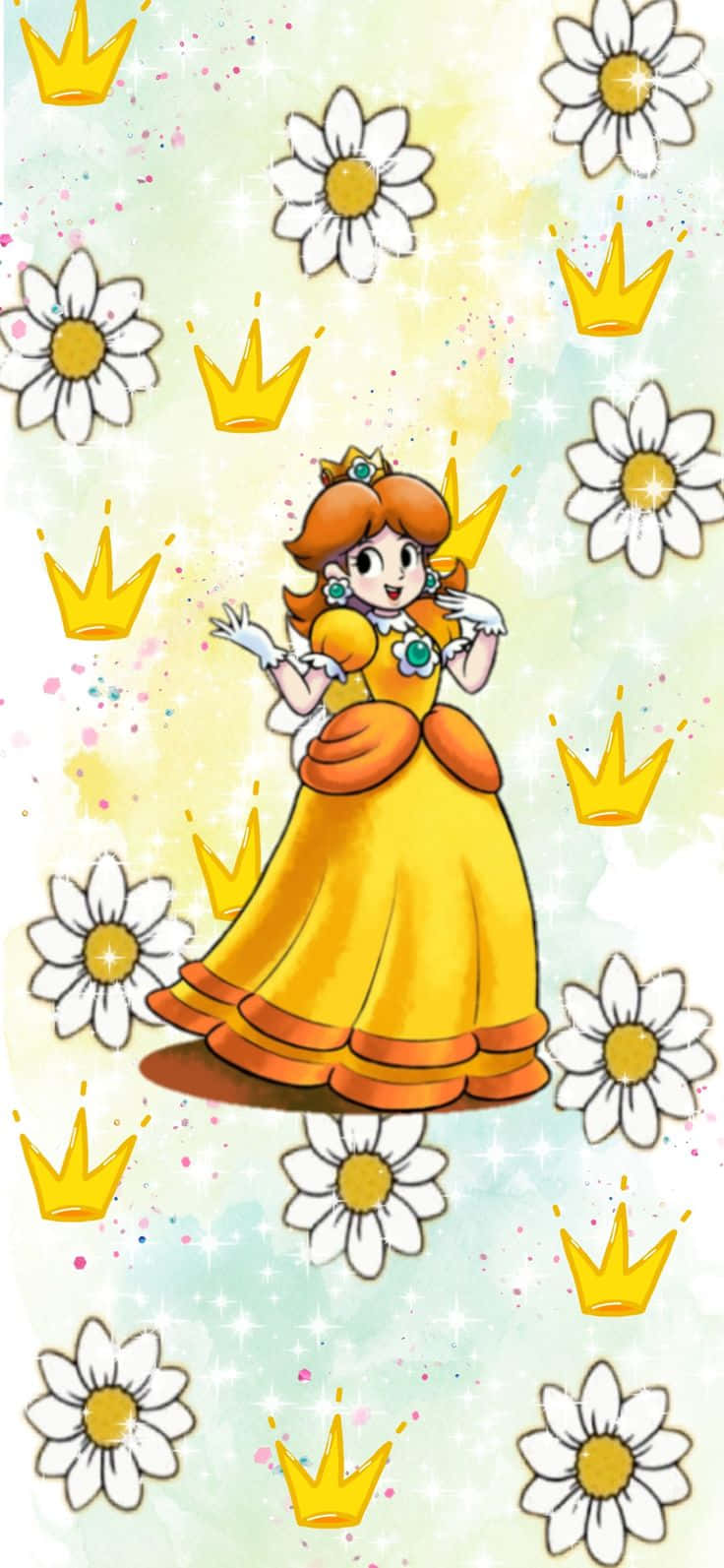 Princess Daisy 桌布 壁紙 — 身穿黃色禮服的雛菊公主在雛菊和皇冠的環繞下，在閃閃發光的粉彩背景前愉快地揮手。
