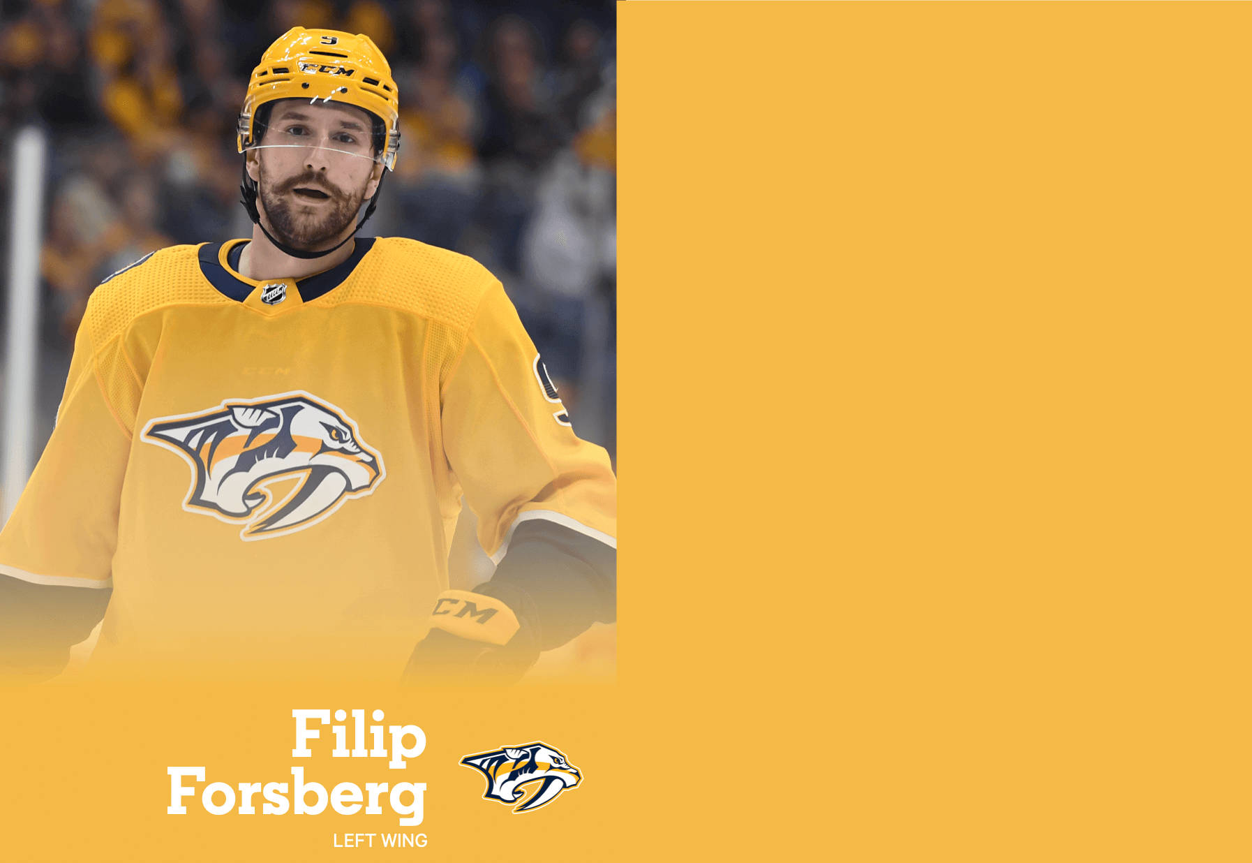 運動 桌布 壁紙 — 身穿黃色納什維爾掠奪者隊球衣的冰球運動員 Filip Forsberg 在冰上神情專注，背景是模糊的人群。