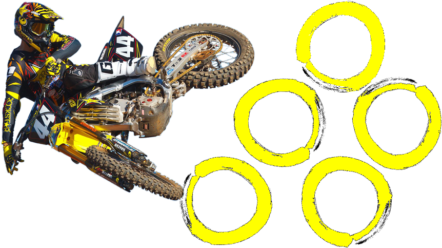 Motocross 桌布 壁紙 — 身穿黃色裝備的越野摩托車手在鮮黃色圓環上表演大膽的翹前輪動作，背景為純黑色。