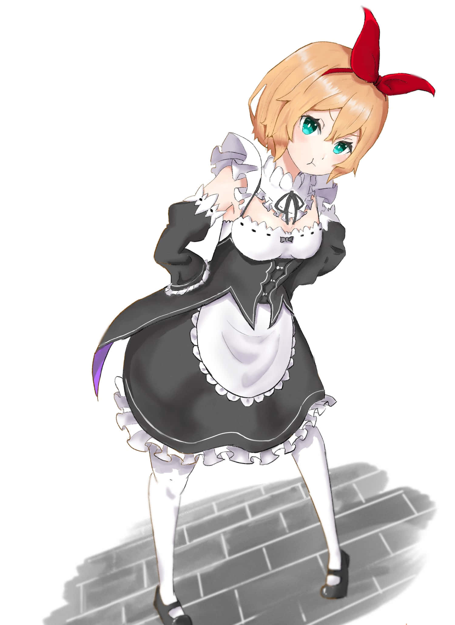 Petra Leyte 桌布 壁紙 — 身穿黑白女僕裝、繫著紅色蝴蝶結的動畫女孩自信地站在磚砌人行道上，投下陰影。