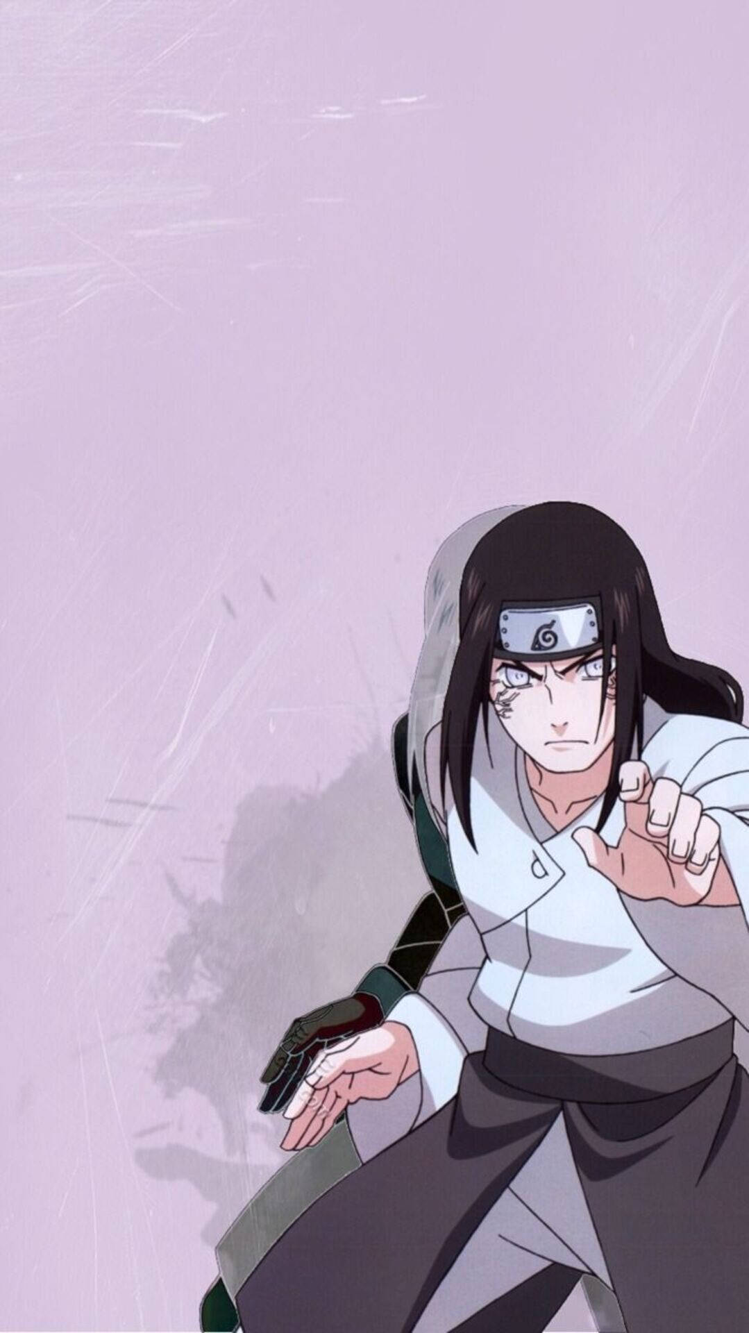 Neji 桌布 壁紙 — 身穿黑白忍者服飾、戴著頭帶的動漫角色，在柔和的薰衣草背景前擺出戰鬥姿勢。