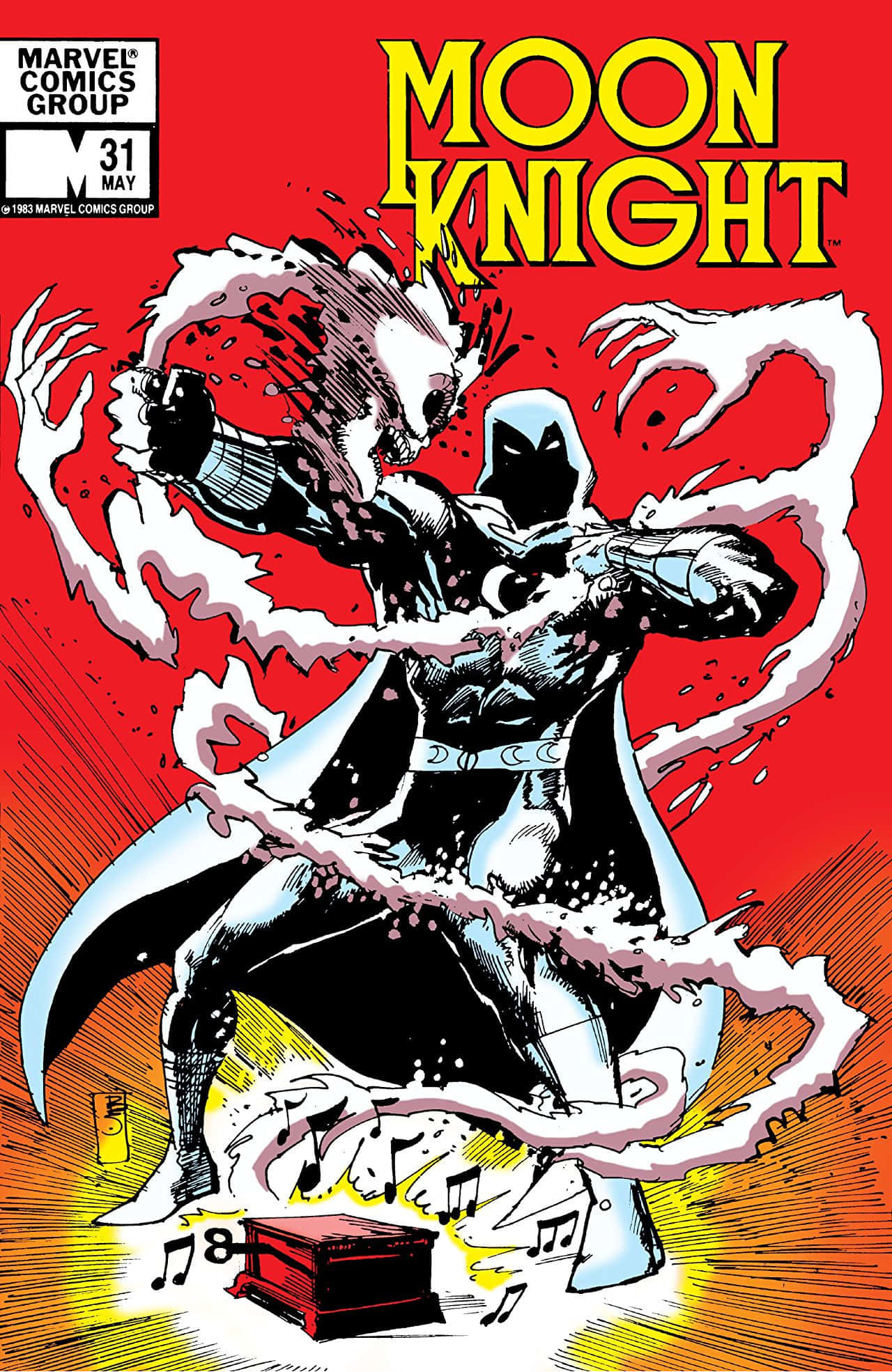 Moon Knight 桌布 壁紙 — 身穿黑白服裝的月光騎士在鮮紅色背景上擺出動感姿勢，伴隨著旋轉的能量效果。