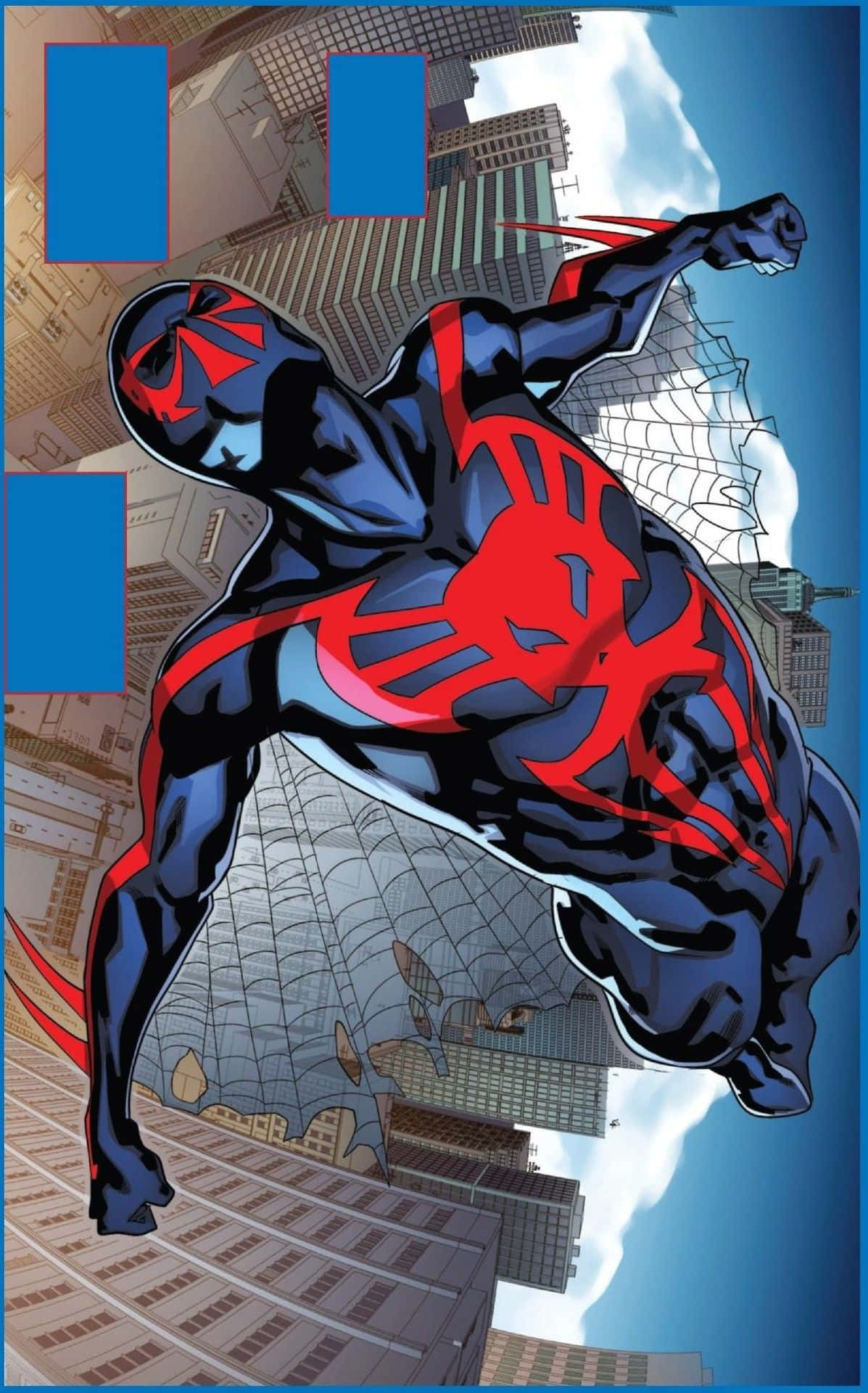 Spider Man 2099 桌布 壁紙 — 身穿黑色和紅色戰衣的蜘蛛人在陽光明媚的城市景觀中，在高聳的摩天大樓之間動態擺盪。