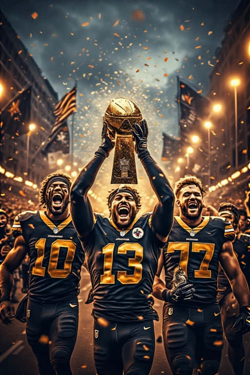 NFL Victory Parade 壁紙 — 身穿黑色和金色球衣的足球運動員在城市的燈光下，在飄落的金色紙屑中，勝利地將閃閃發光的獎盃高舉過頭頂慶祝。