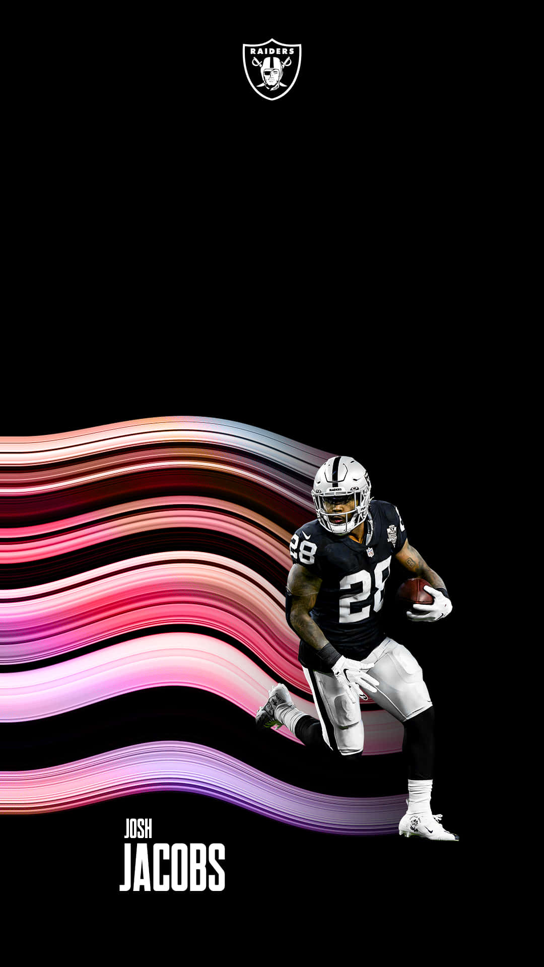NFL 桌布 壁紙 — 身穿黑色和銀色球衣的足球運動員 Josh Jacobs 在黑色背景上奔跑，背景有充滿活力的粉紅色、紫色和銀色波浪條紋。