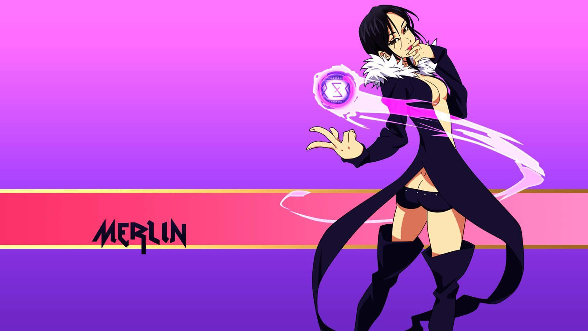 Seven Deadly Sins Merlin 桌布 壁紙 — 身穿黑色外套、白色毛領的動漫角色梅林，在紫色和粉紅色的漸變背景上施展發光的粉紅色魔法。