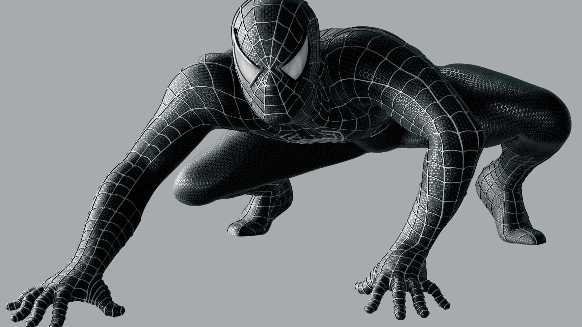 Spider Man 3 桌布 壁紙 — 身穿黑色套裝的蜘蛛人以動態姿勢蹲在純灰色背景前。