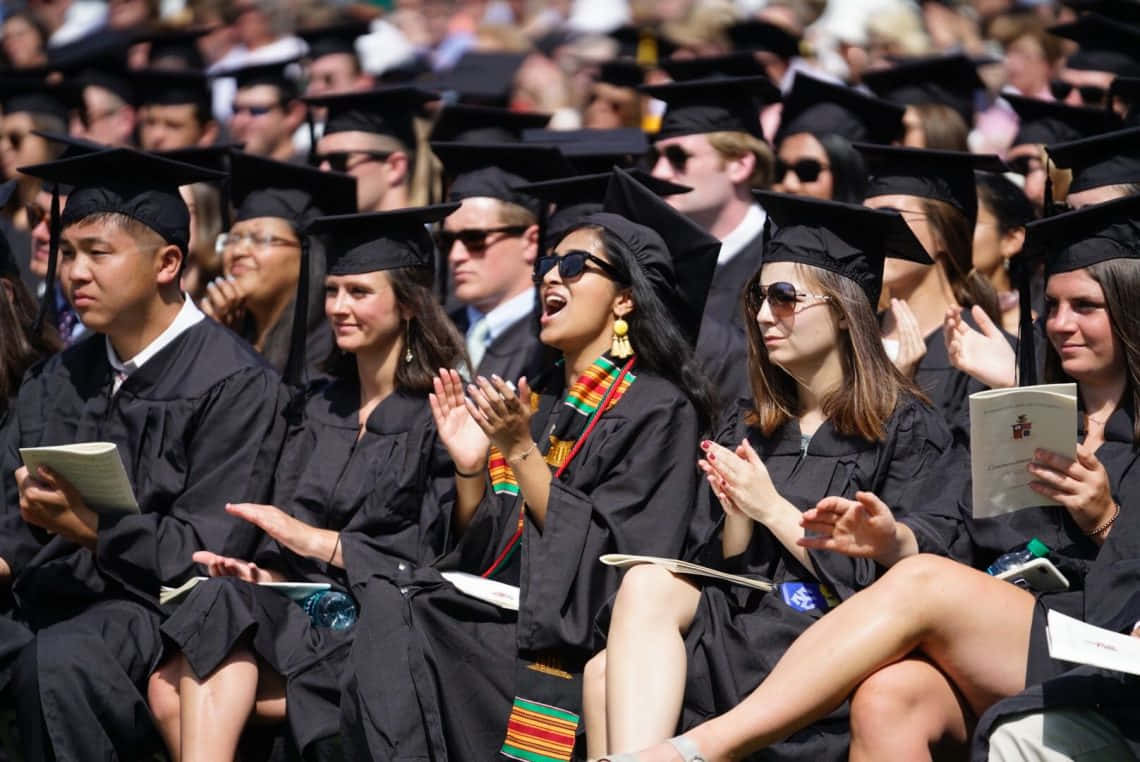 Graduation 桌布 壁紙 — 身穿黑色學士帽和畢業袍的畢業生在晴朗的戶外畢業典禮上歡呼鼓掌。