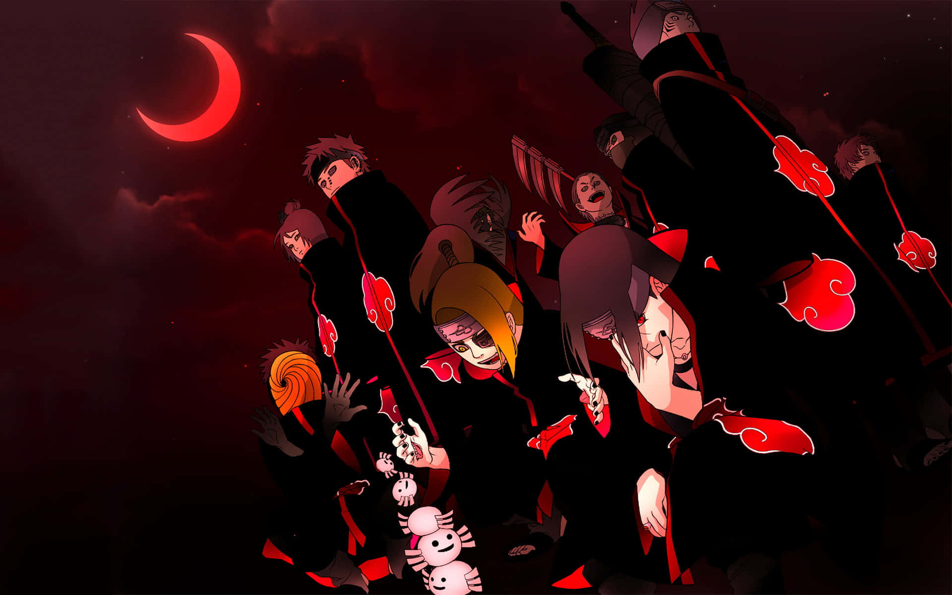 Akatsuki Members 桌布 壁紙 — 身穿黑色斗篷、帶有紅色雲紋的動漫角色，站在暗紅色天空下的紅色新月前。