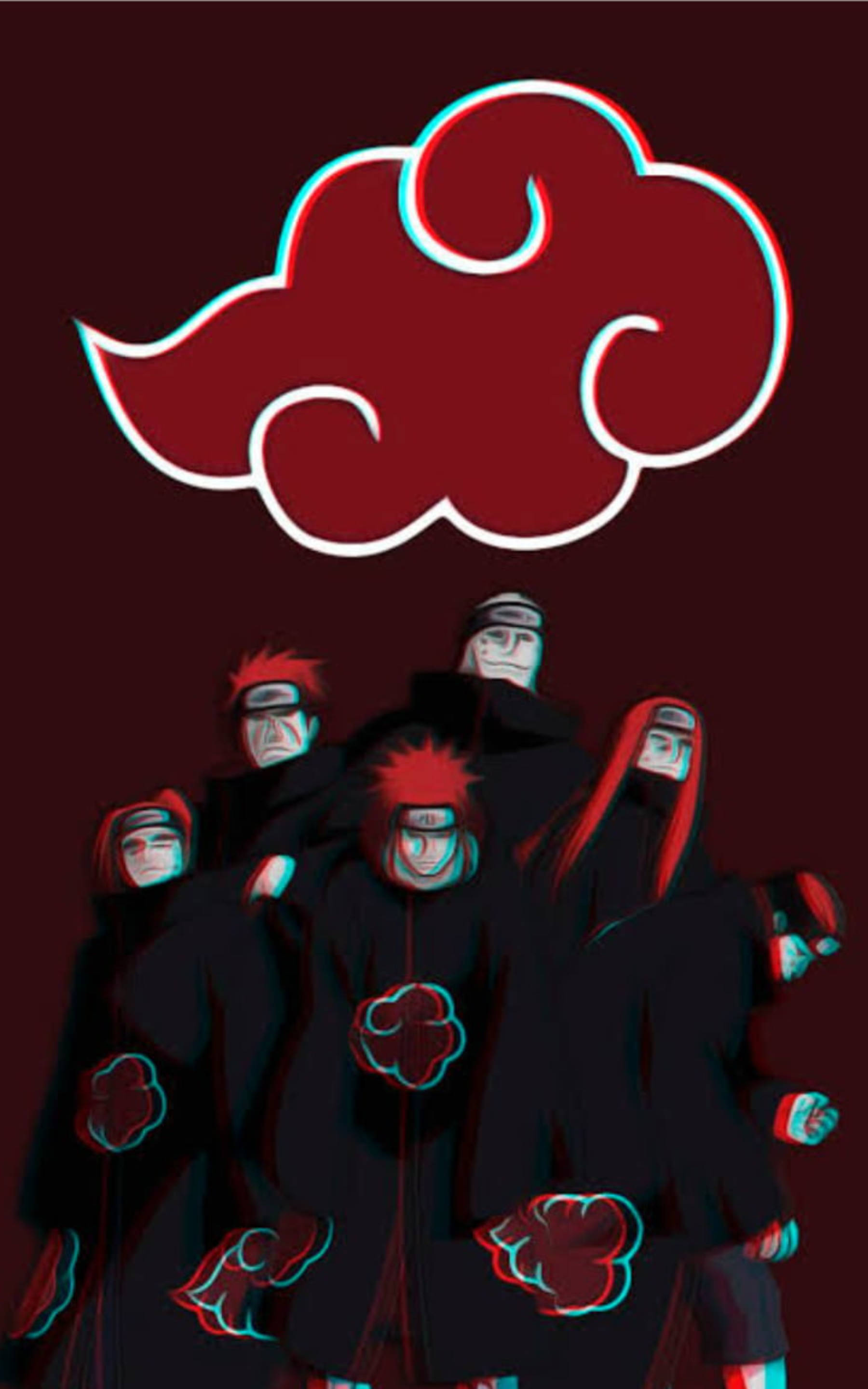 akatsuki phone 桌布 壁紙 — 身穿黑色斗篷、帶有紅色雲紋的動畫角色，站在帶有3D立體效果的大型紅色雲紋標誌下。