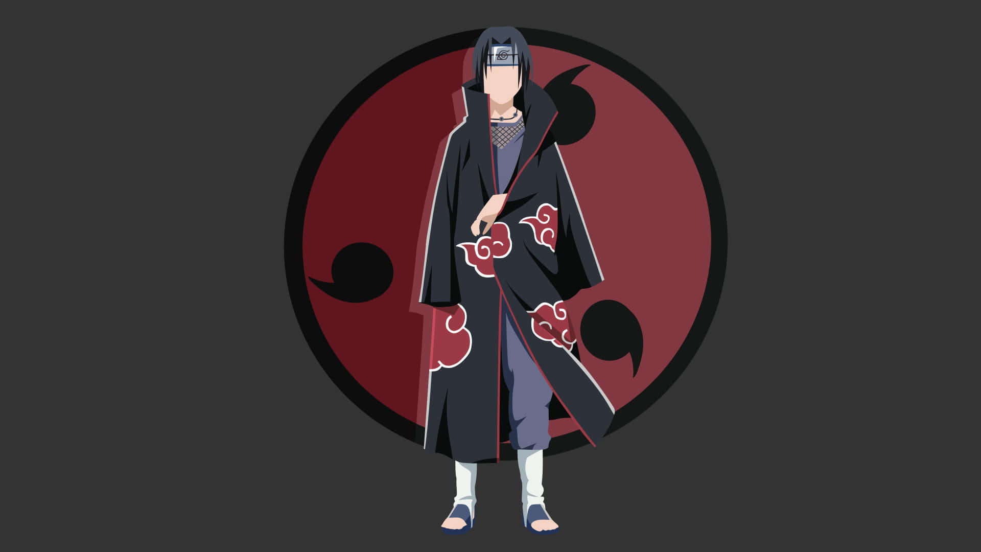 Uchiha Clan 桌布 壁紙 — 身穿黑色斗篷帶有紅色雲紋的動漫角色，站在深灰色背景上一個巨大的紅黑螺旋標誌前。