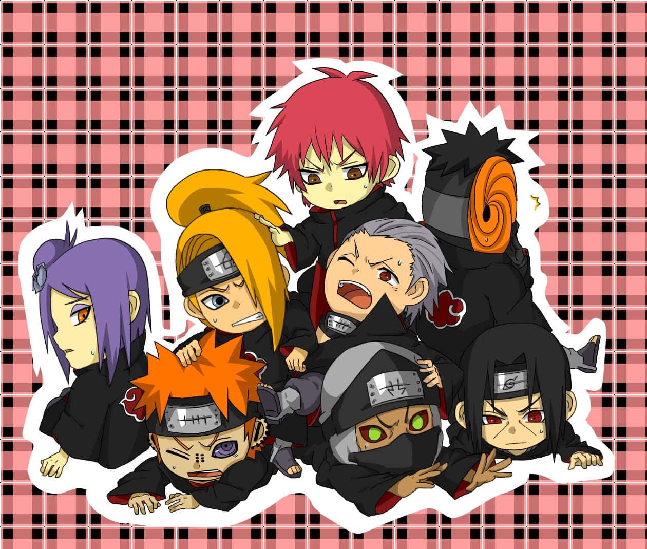 Akatsuki Chibi 桌布 壁紙 — 身穿黑色斗篷的Q版動漫角色在粉紅和黑色格紋背景前充滿活力地擺姿勢。
