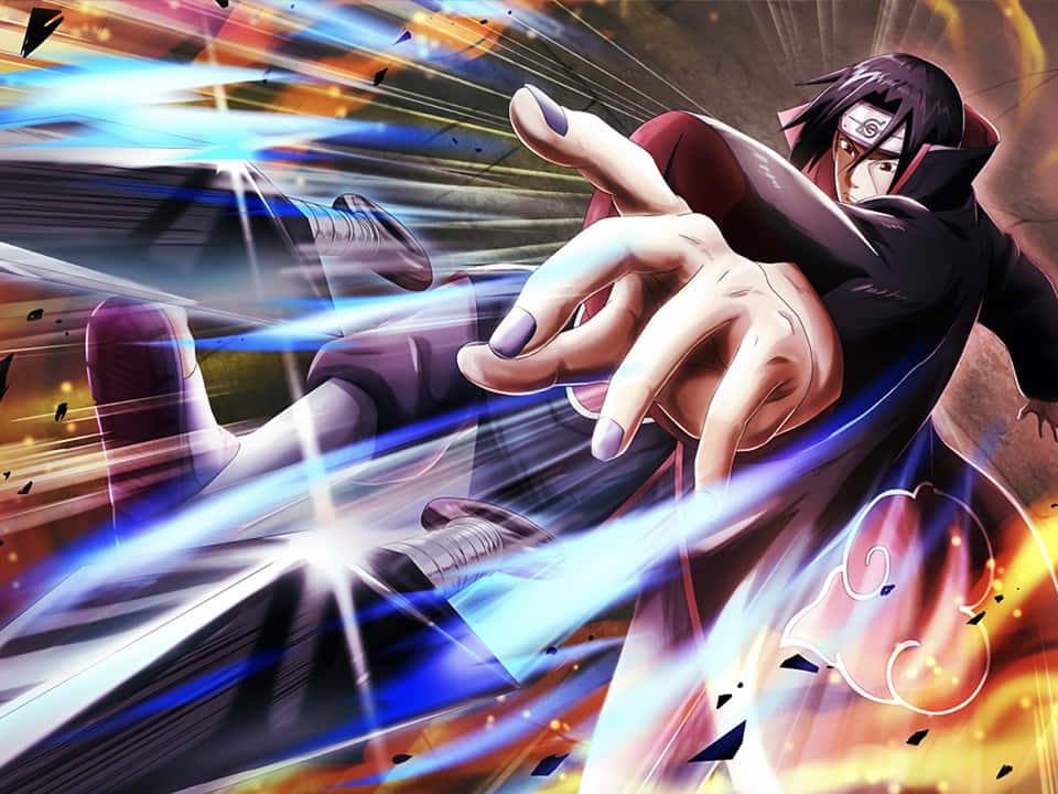 Jutsu 桌布 壁紙 — 身穿黑色斗篷的動漫角色在動態模糊和火焰背景中釋放藍色能量攻擊。