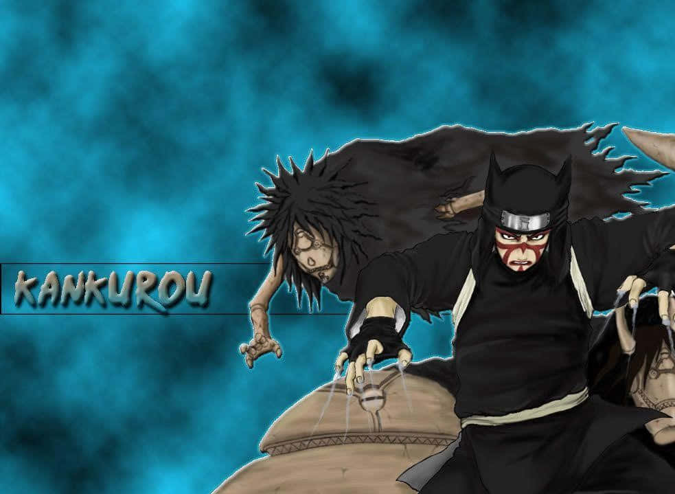 Kankuro 桌布 壁紙 — 身穿黑色服裝、帶有傀儡手臂的動漫忍者勘九郎，在旋轉的青綠色背景前向前猛衝。