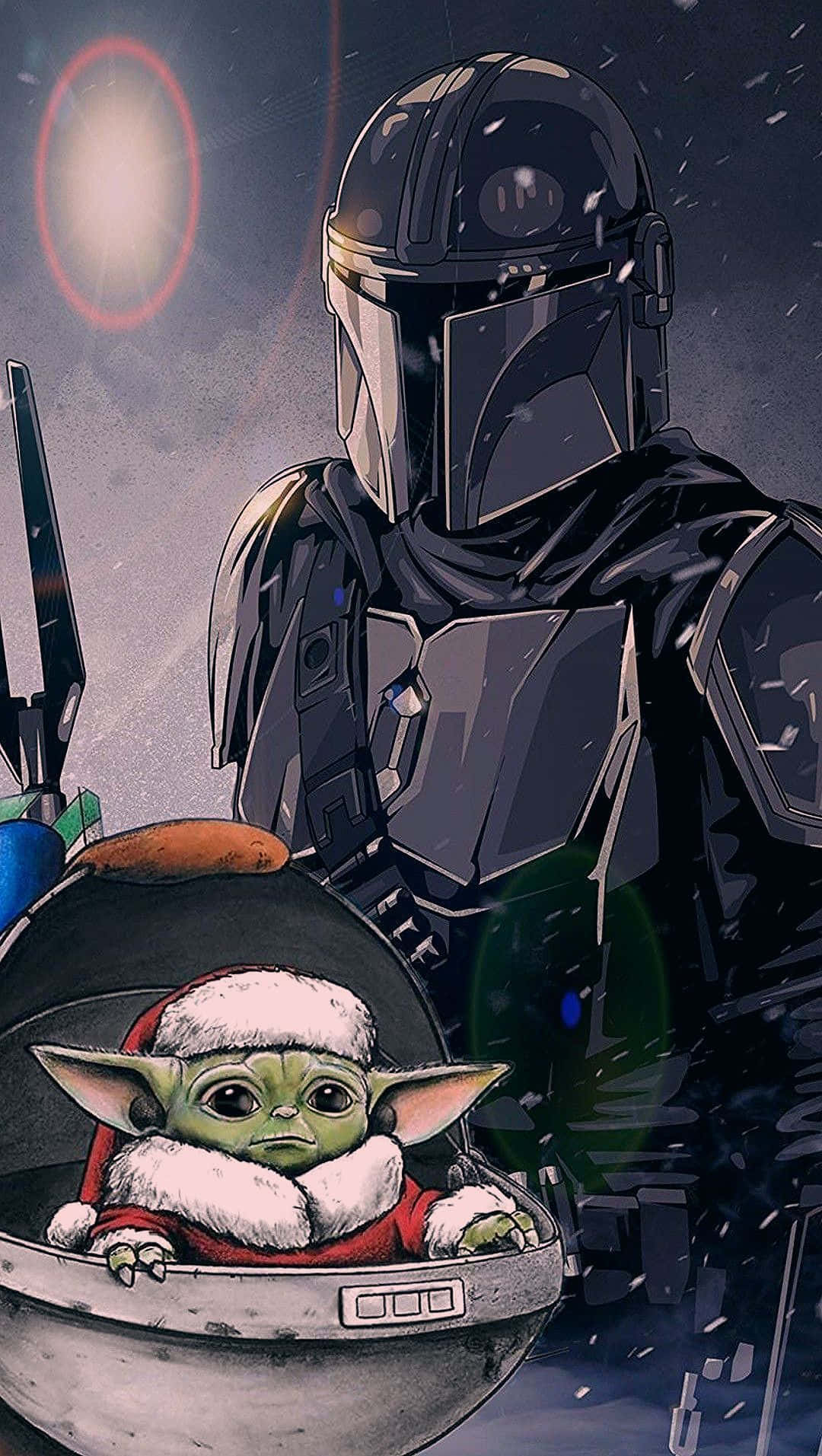 Mandalorian And Baby Yoda 桌布 壁紙 — 身穿黑色盔甲的曼達洛人站在一個裝有古古的艙體旁，古古戴著節日紅白聖誕帽，背景是星空太空。