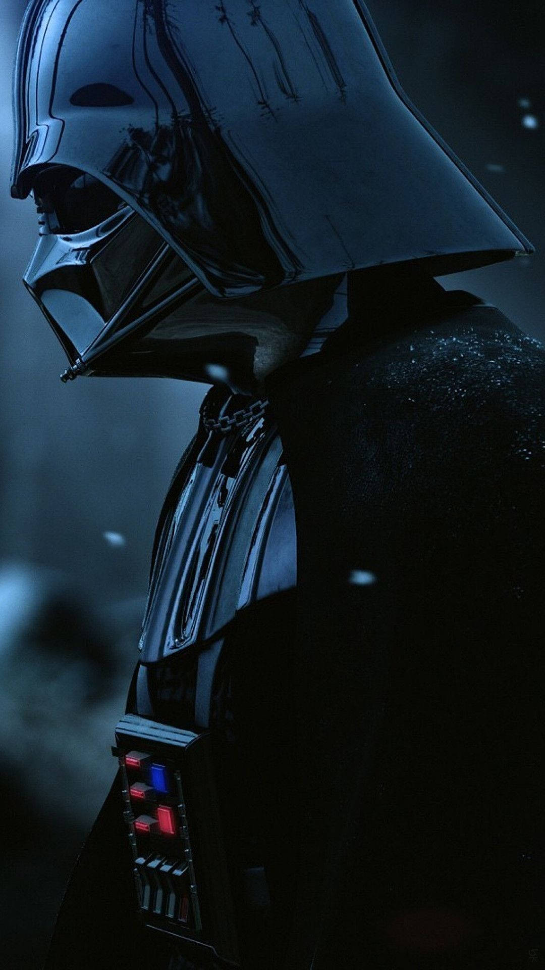 star wars 4K iPhone 桌布 壁紙 — 身穿黑色盔甲的達斯維達站在陰影藍光中，帶有發光的紅色和藍色控制面板細節。