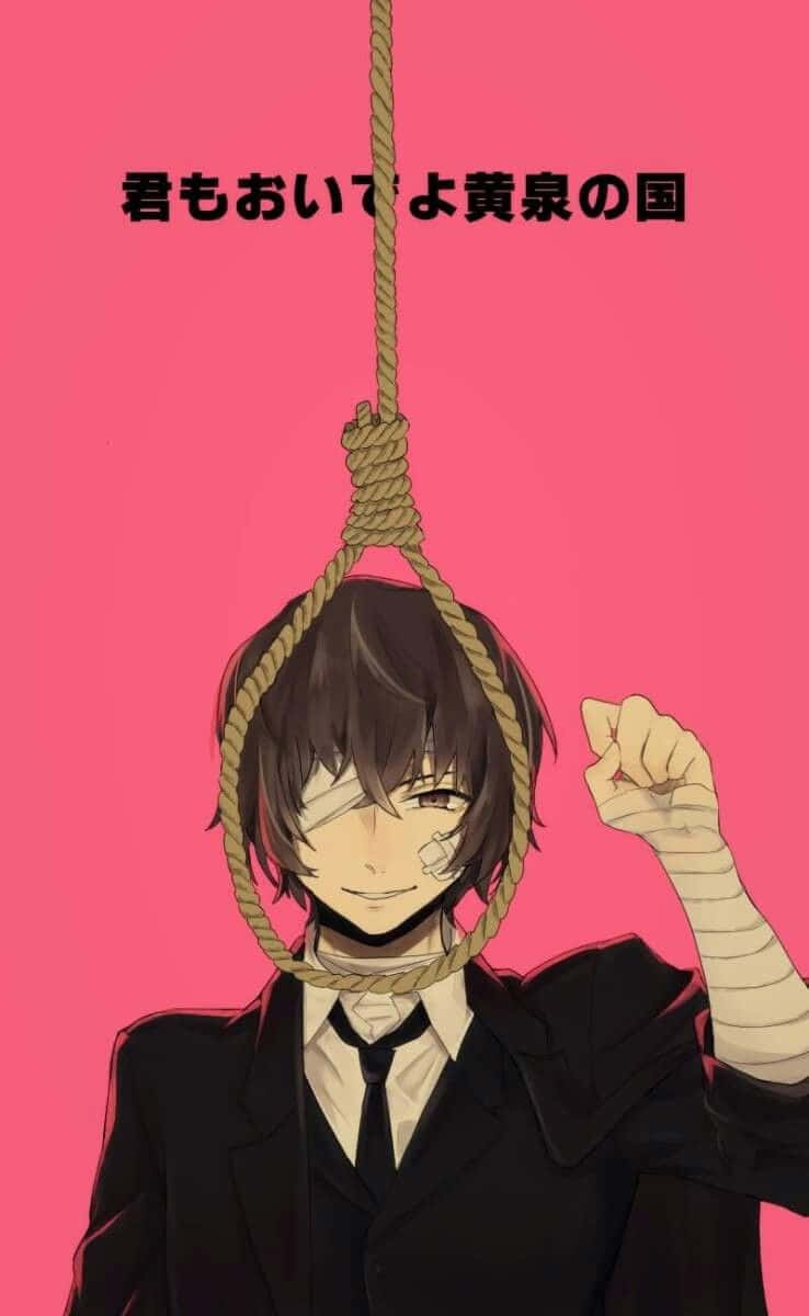動漫男孩 桌布 壁紙 — 身穿黑色西裝的動畫男孩在明亮的粉紅色背景前微笑，脖子上套著繩索。