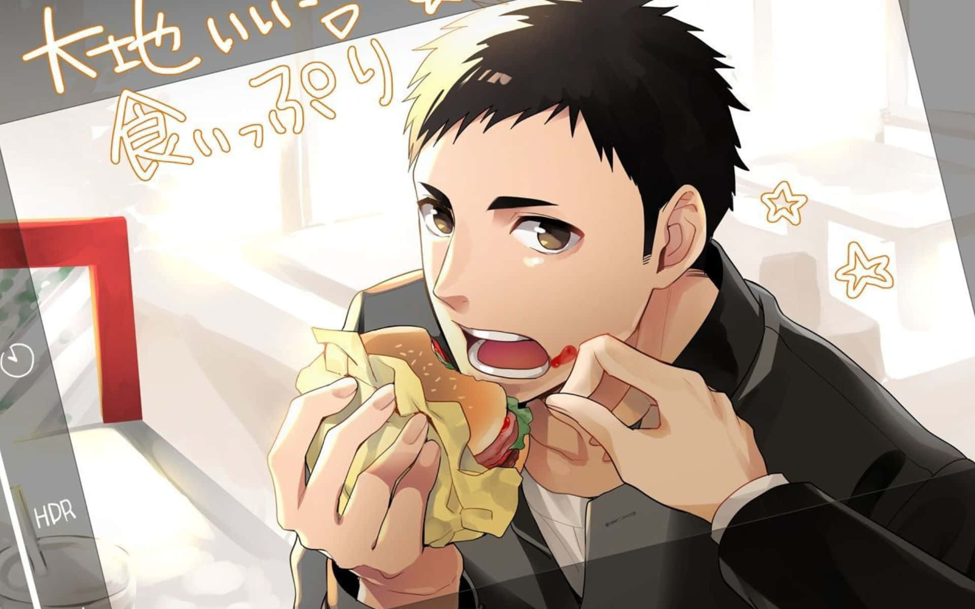 Daichi Sawamura 桌布 壁紙 — 身穿黑色西裝的動畫男孩急切地咬著一個多汁的漢堡，番茄醬滴落，周圍環繞著閃爍的星星和日文字。
