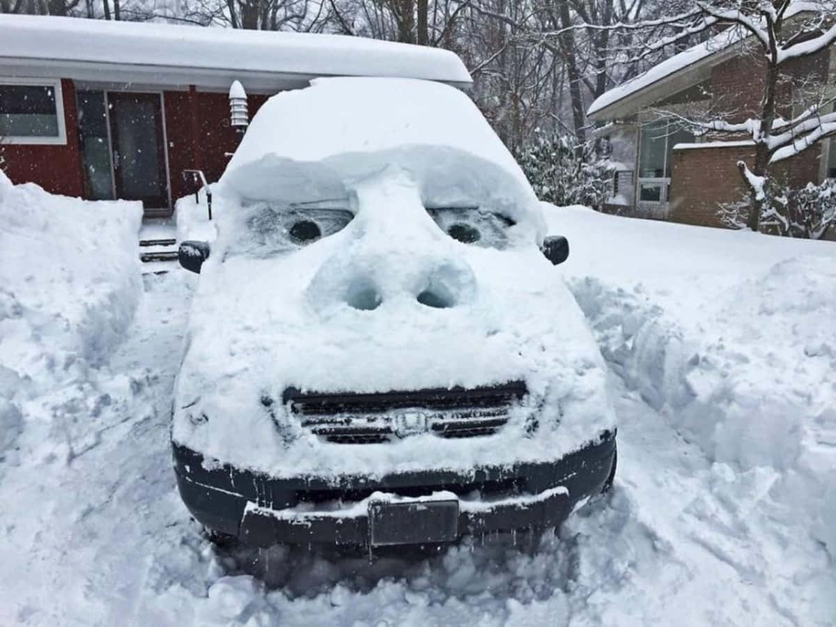 冬天 桌布 壁紙 — 車道上的一輛被雪覆蓋的汽車，用雪和冰雕刻成一張有眼睛、鼻子和嘴巴的臉。