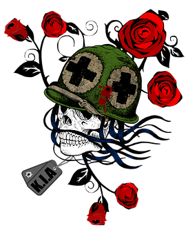 軍事骷髏與玫瑰及軍牌 壁紙