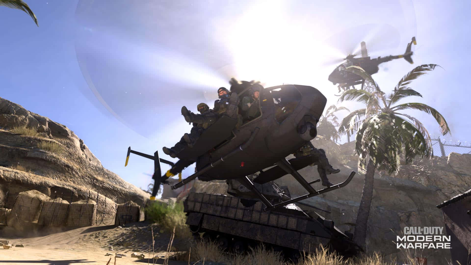 Call Of Duty Vehicles 桌布 壁紙 — 軍用直升機上的士兵在沙漠峽谷上空盤旋，峽谷中有棕櫚樹，遠處還有另一架直升機。