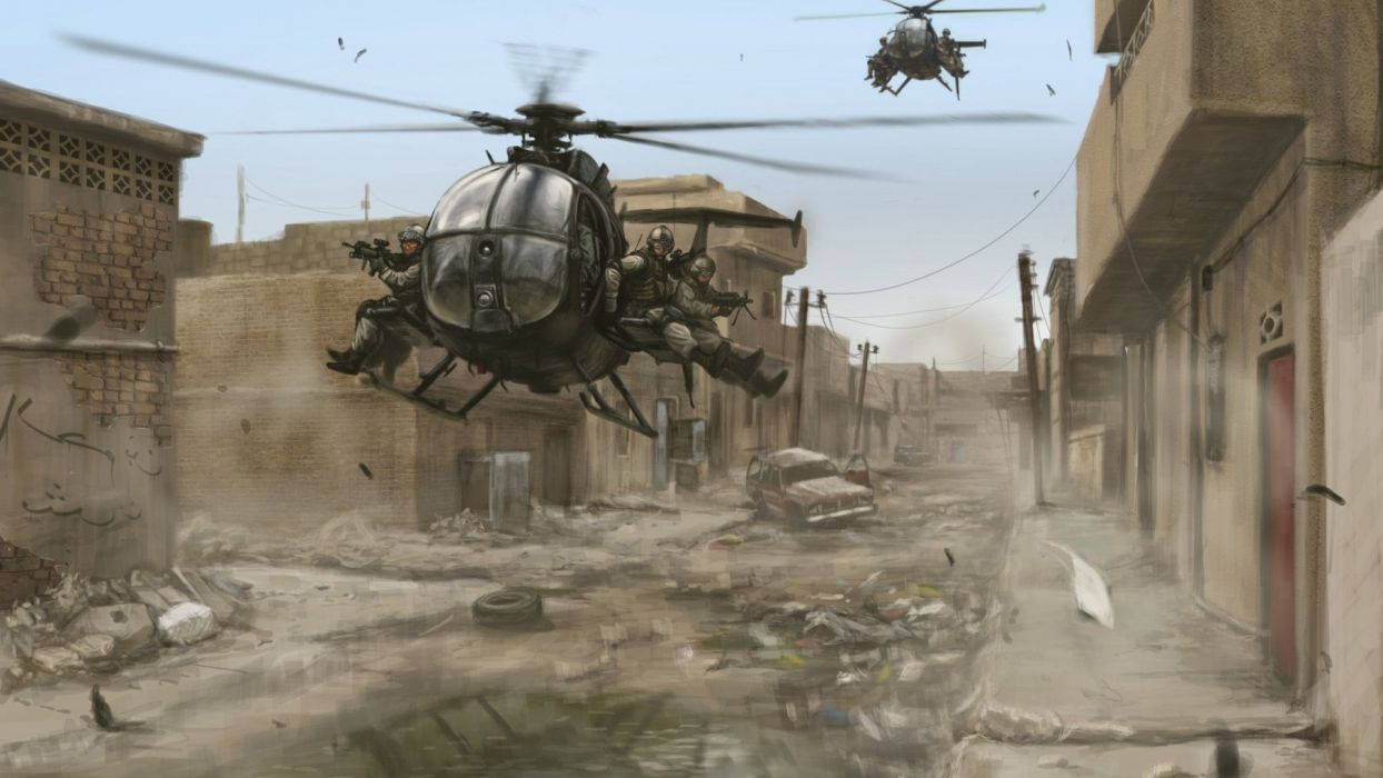 Black Hawk Helicopter 桌布 壁紙 — 軍用直升機低空盤旋在戰火摧殘的城市小巷，建築物 crumbling 且佈滿瓦礫。