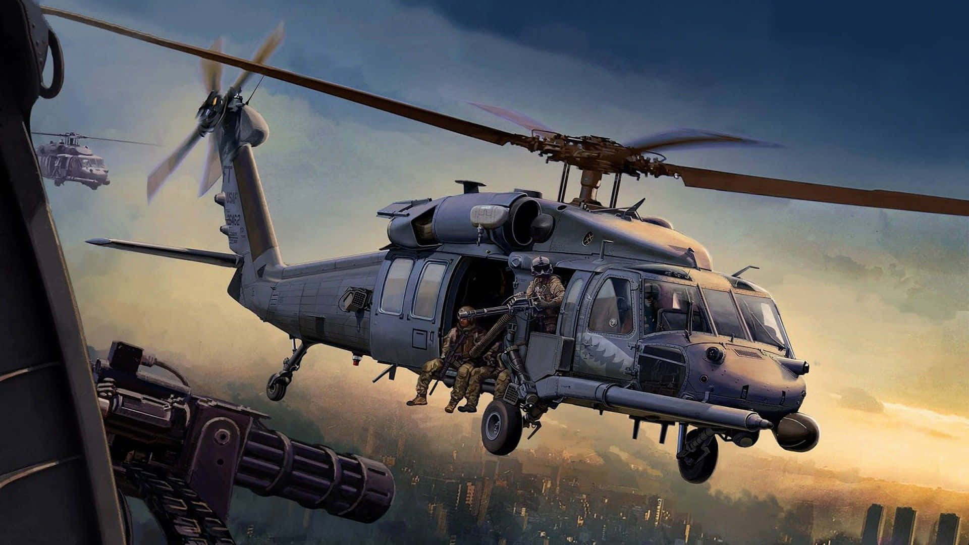 Helicopter 桌布 壁紙 — 軍用直升機在日落時分盤旋於城市天際線上，士兵們手持武器沿繩索下降。