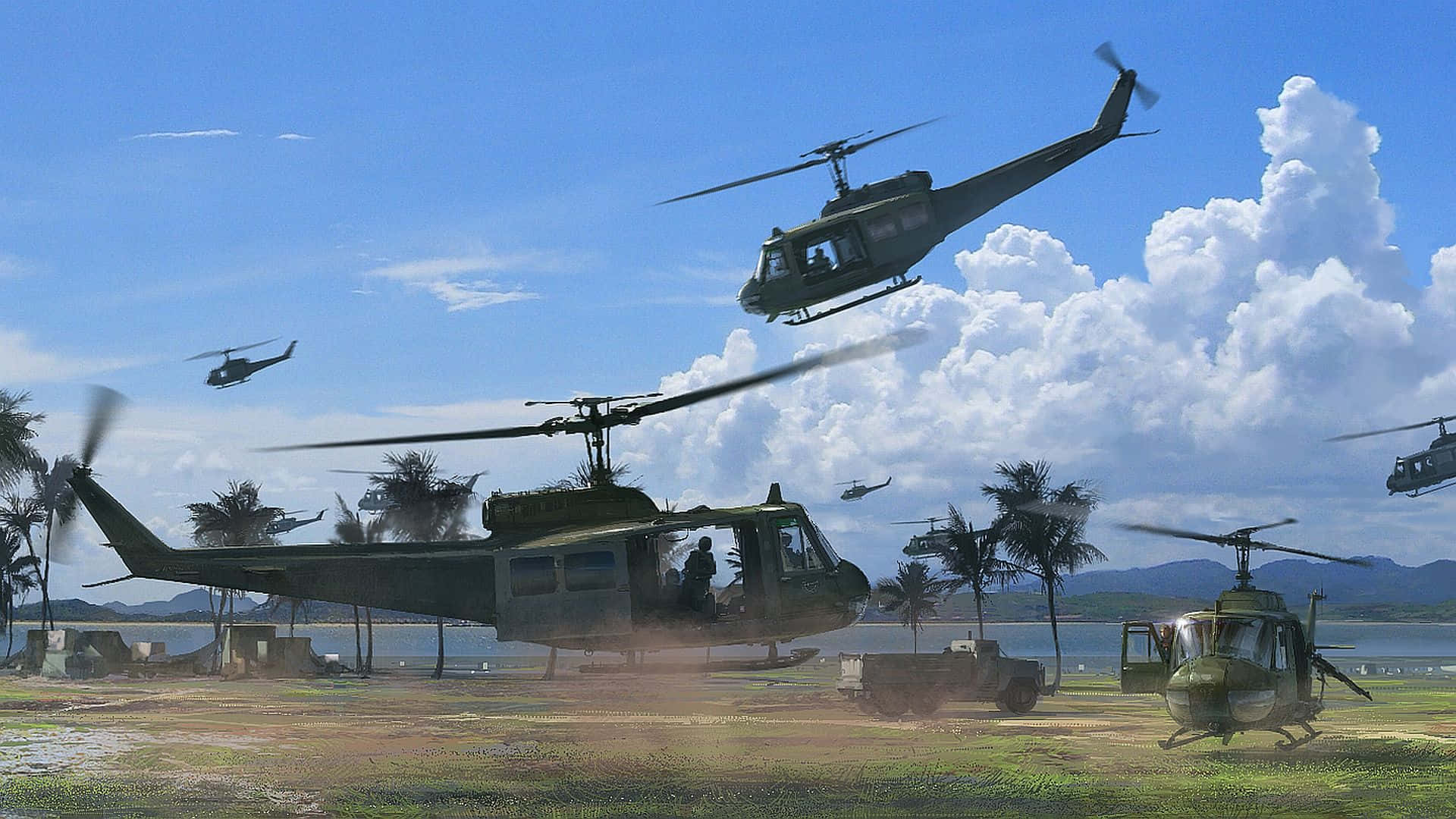 Helicopter 桌布 壁紙 — 軍用直升機在熱帶跑道（有棕櫚樹和遠山）上空盤旋並降落，背景是明亮的藍天。