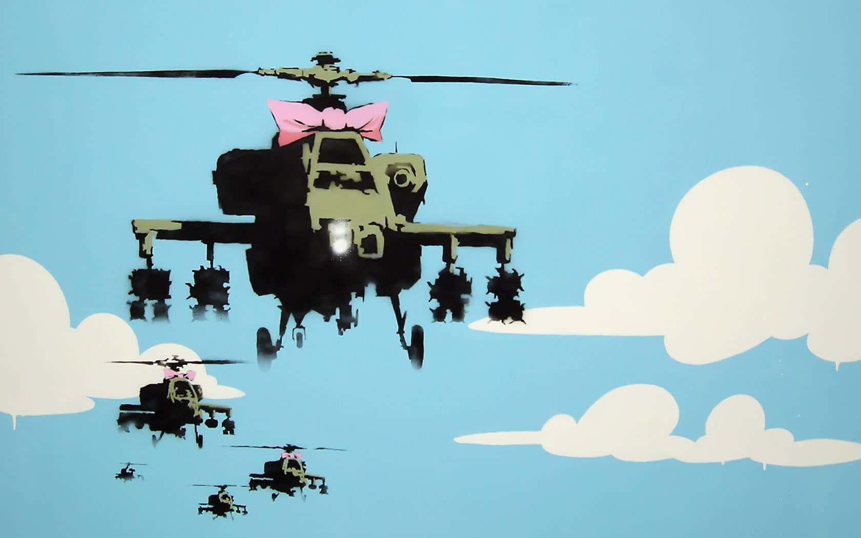 Banksy 桌布 壁紙 — 軍用直升機在藍天白雲背景下編隊飛行，每架都飾有粉紅色蝴蝶結。
