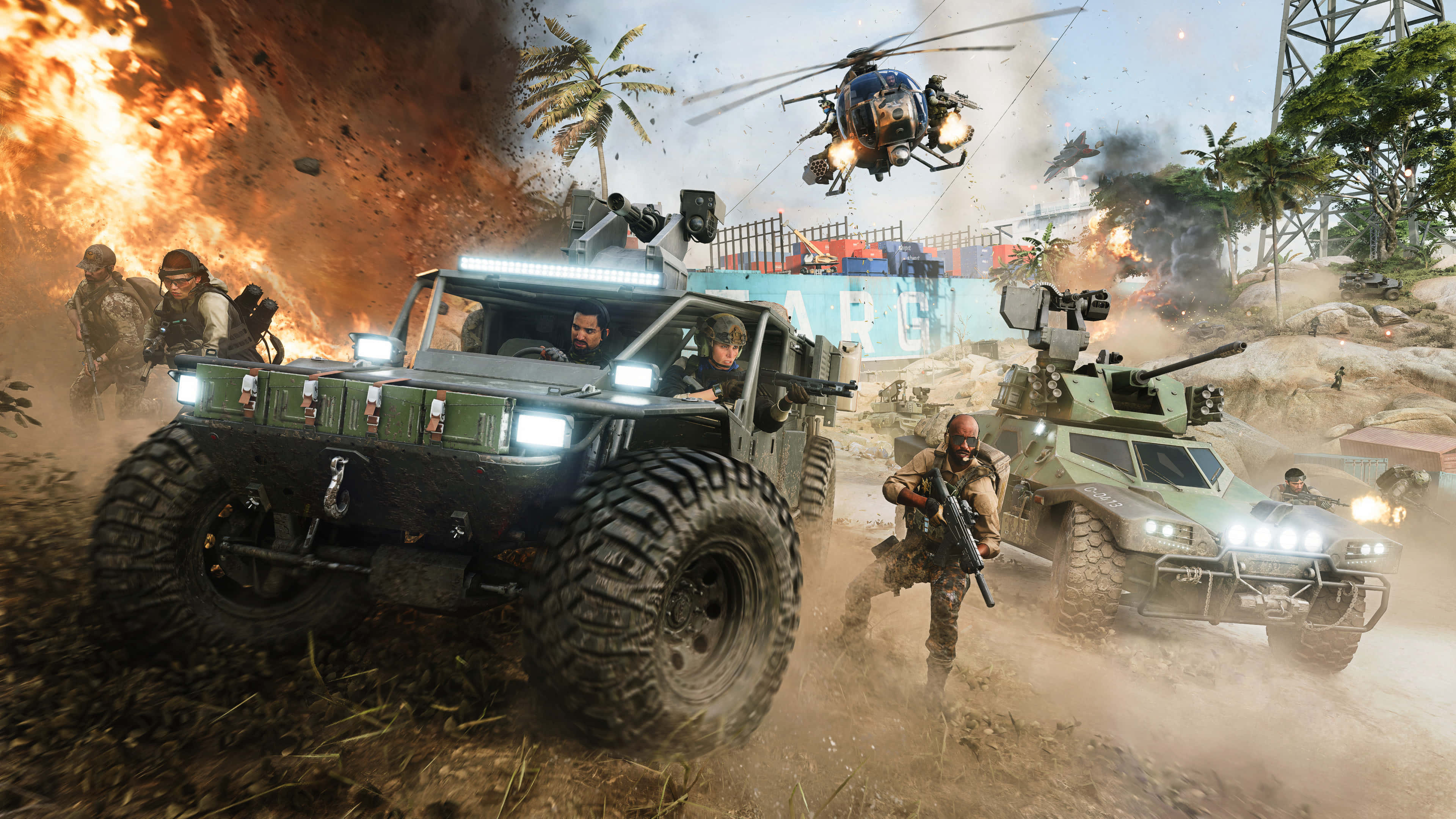 Battlefield Vehicles 桌布 壁紙 — 軍用車輛和士兵在熱帶爆炸中戰鬥，頭頂有直升機。