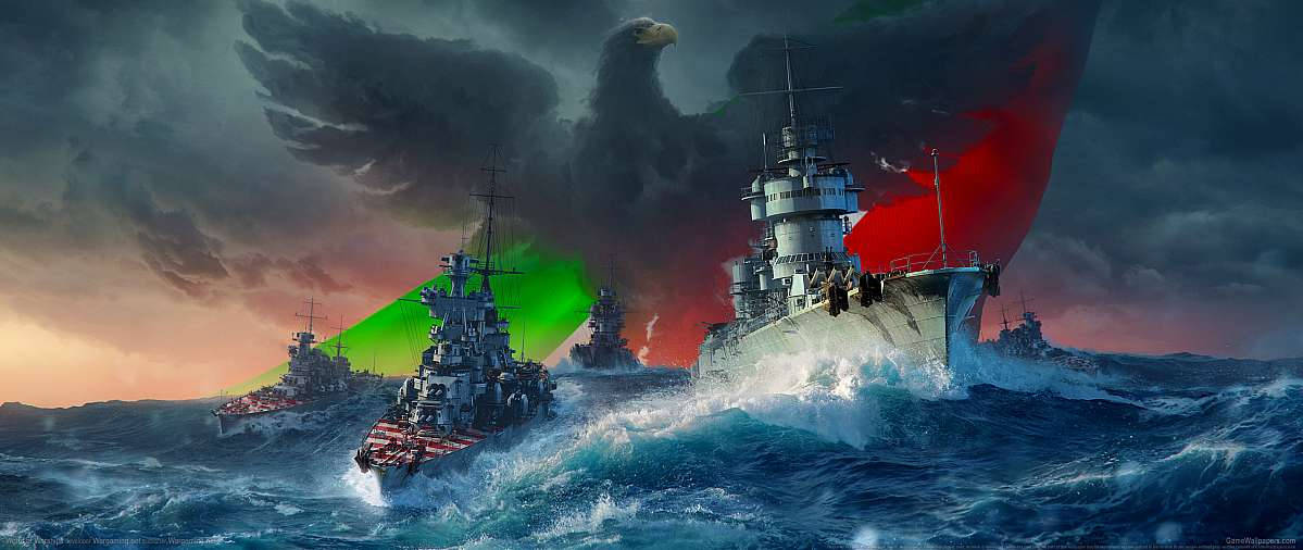 Marine Corps 桌布 壁紙 — 軍艦在暴風雨中作戰，一隻巨大的鷹手持紅綠旗幟。