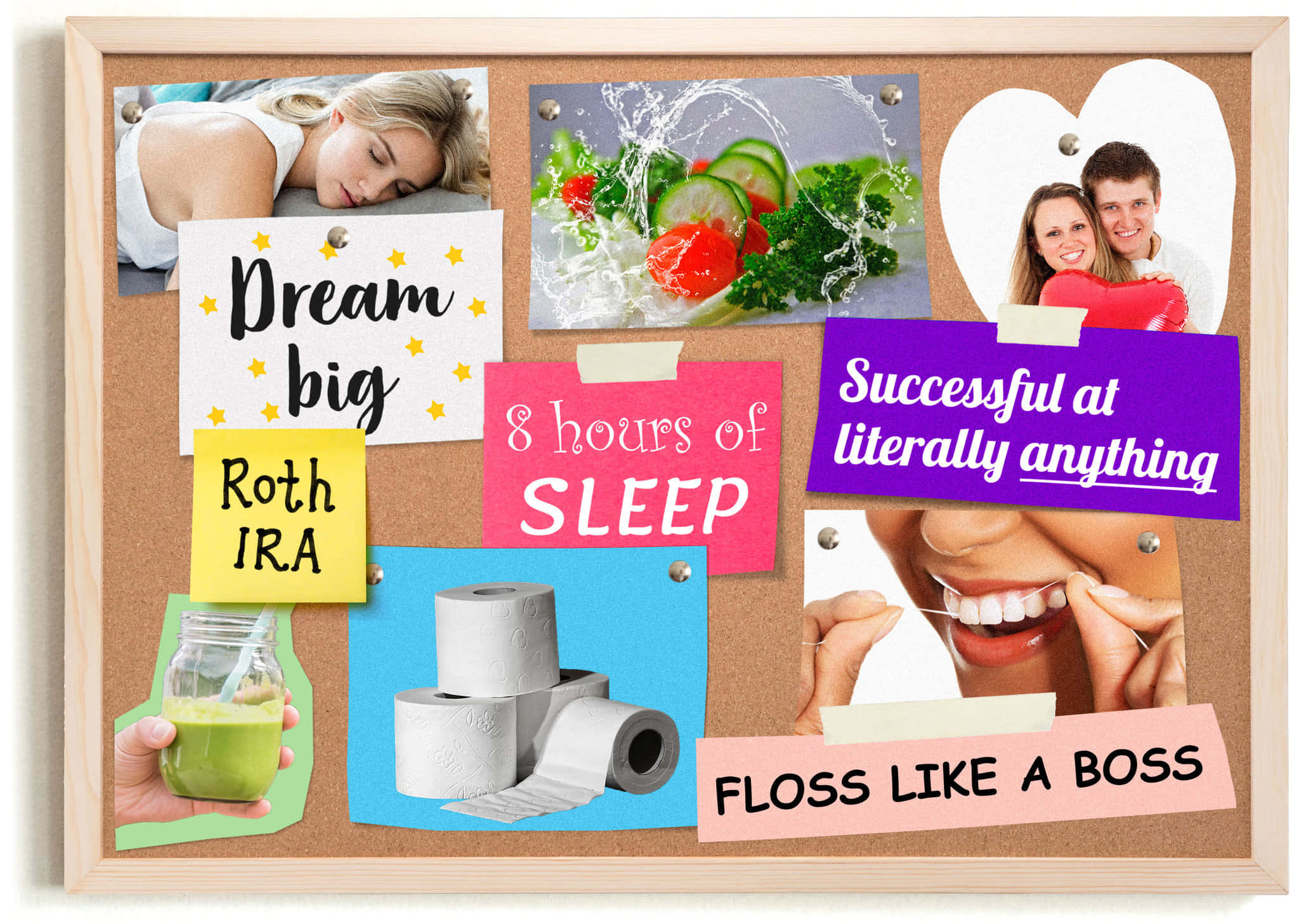 Vision Board 桌布 壁紙 — 軟木板上展示了勵志名言、健康提示和生活照片，包括睡眠、使用牙線和健康飲食。