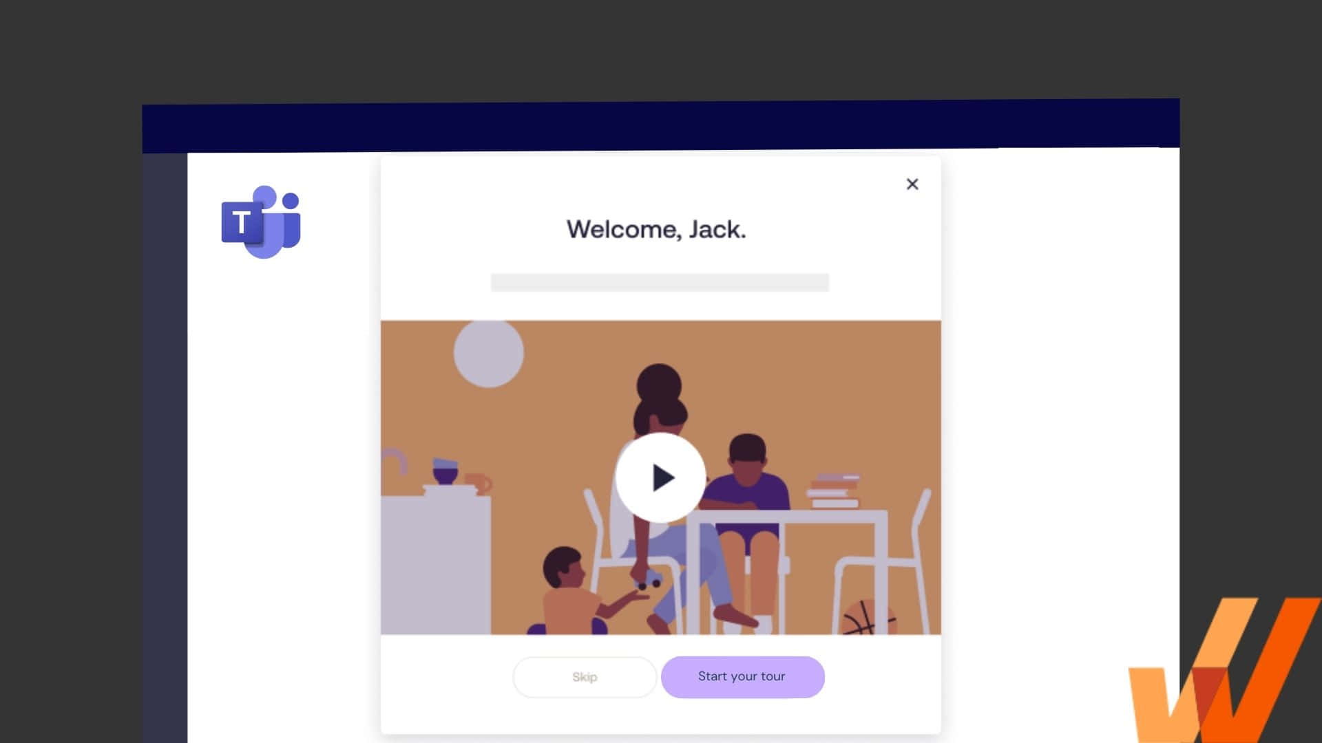 Microsoft Teams 桌布 壁紙 — 軟體應用程式的插圖歡迎畫面，顯示一個家庭在桌子旁，並覆蓋有播放按鈕。
