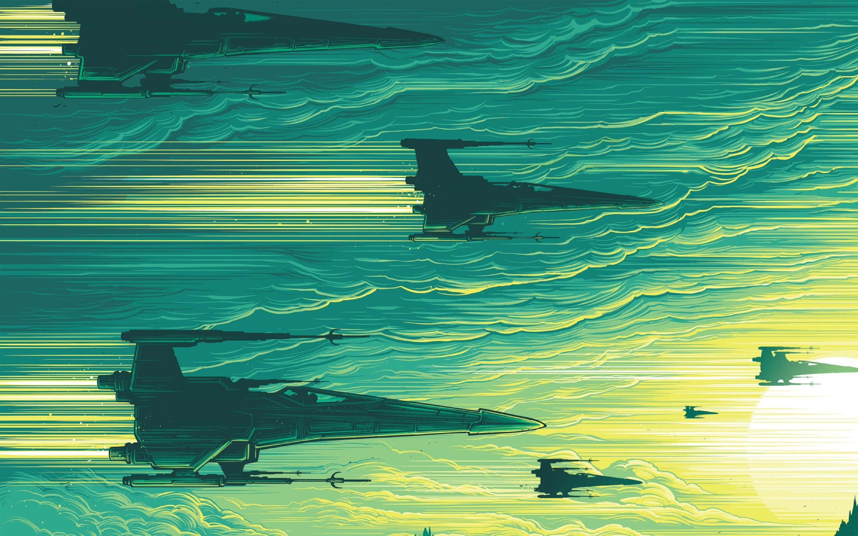 X-wing Fighter 桌布 壁紙 — 輪廓星際戰機劃過充滿活力的青綠色和黃色天空，帶有動態模糊軌跡。