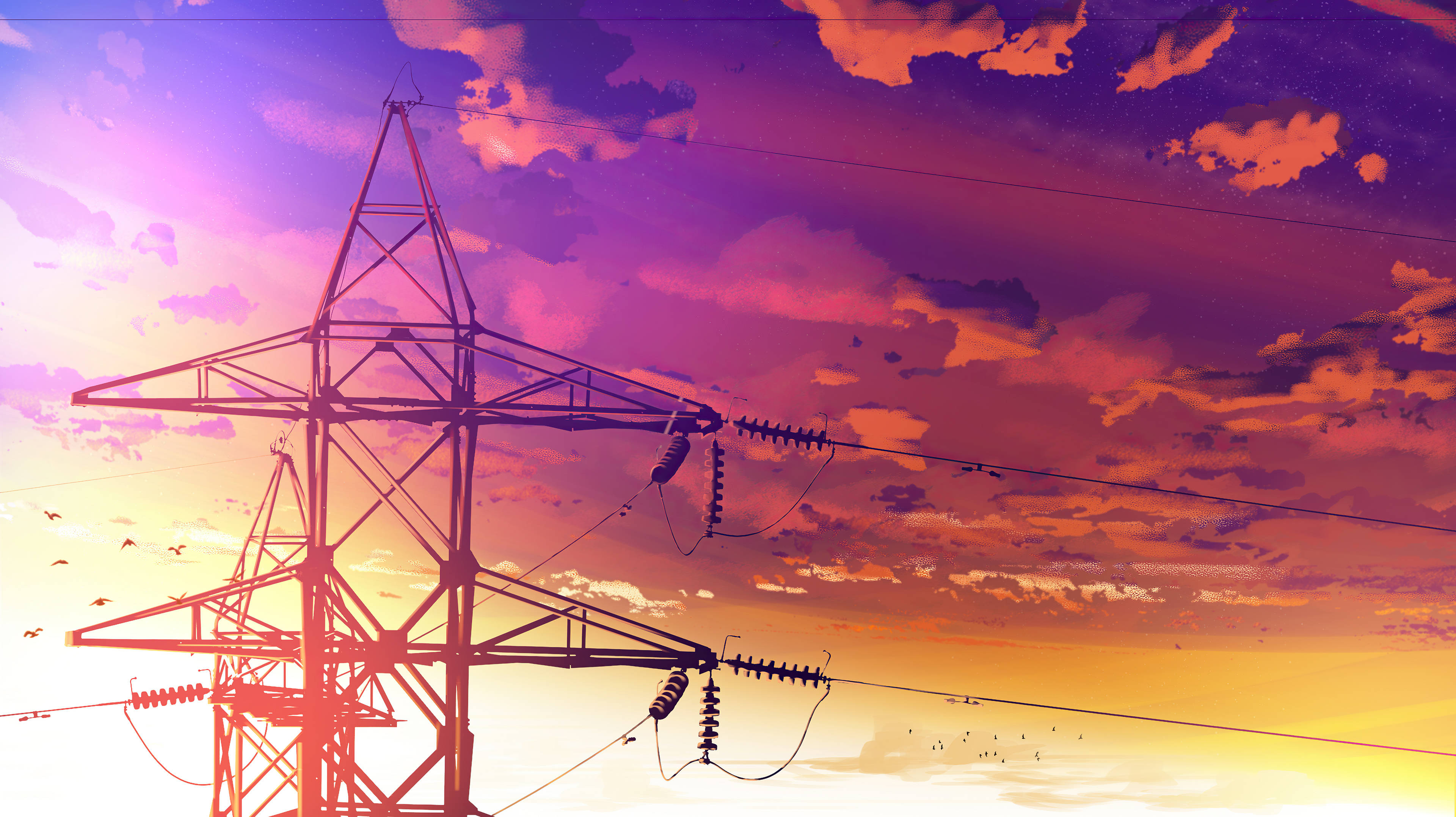 Anime Scenery 4K 桌布 壁紙 — 輪廓鮮明的輸電塔在色彩繽紛的日落天空下延伸，天空被塗上熾熱的橙色和深紫色，鳥兒飛過。