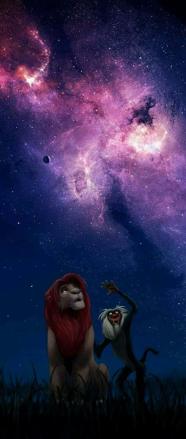 迪士尼 桌布 壁紙 — 辛巴和拉飛奇在充滿星星的鮮豔紫色和粉紅色宇宙星雲下，驚奇地向上凝視。