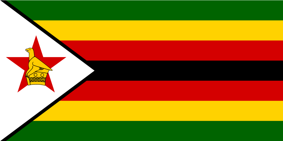 Zimbabwe 桌布 壁紙 — 辛巴威國旗以綠色、黃色、紅色和黑色橫條為特色，白色三角形內有一顆紅星和一隻金色鳥。