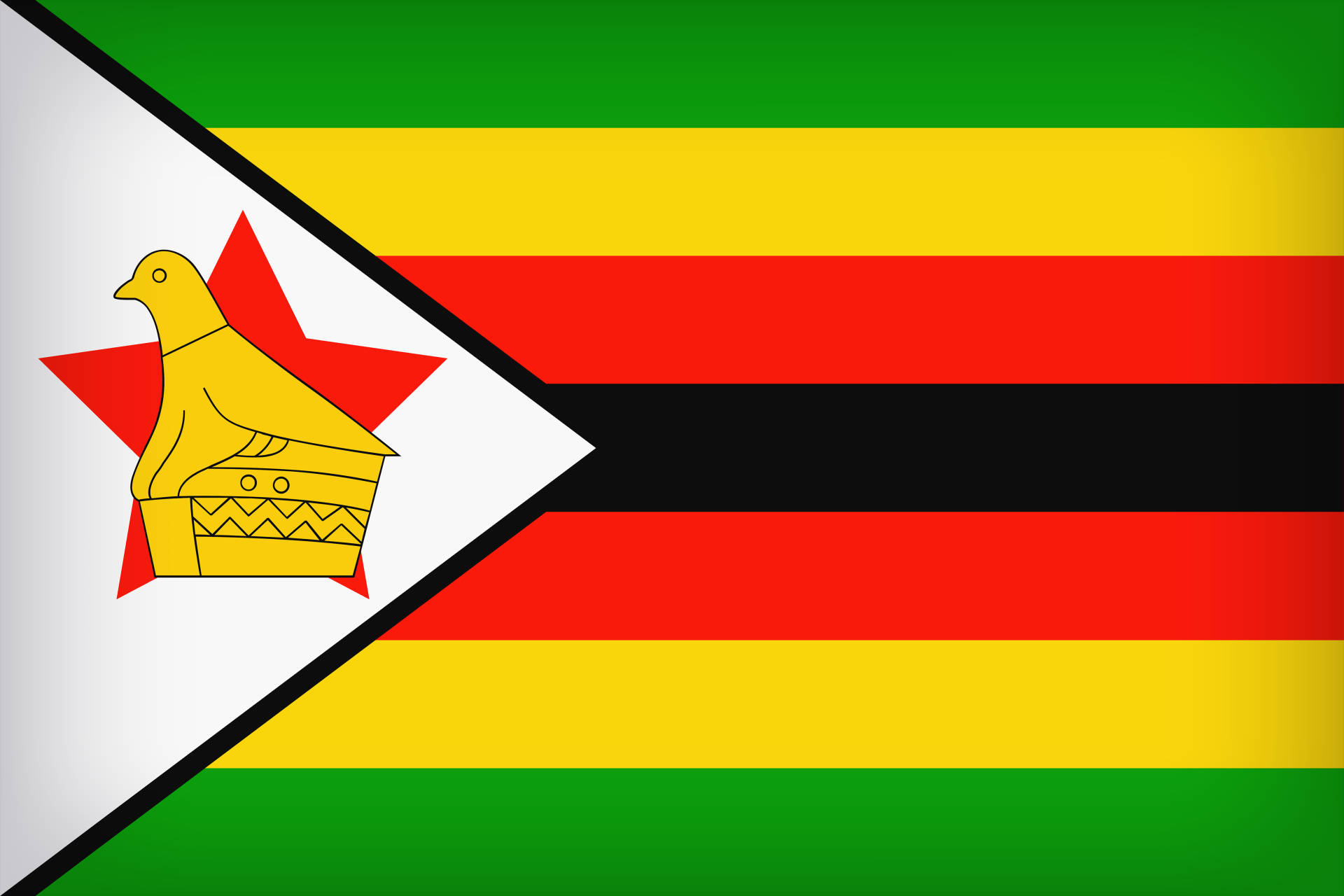 Zimbabwe 桌布 壁紙 — 辛巴威國旗有綠色、黃色、紅色和黑色條紋，白色三角形內有一隻金色鳥在紅星上。