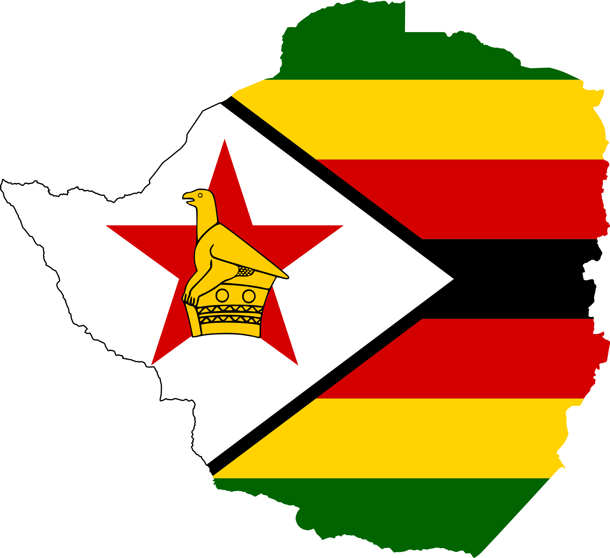 Zimbabwe 桌布 壁紙 — 辛巴威地圖填充其國旗，包含綠色、黃色、紅色條紋以及帶有金色鳥徽的紅色星星。