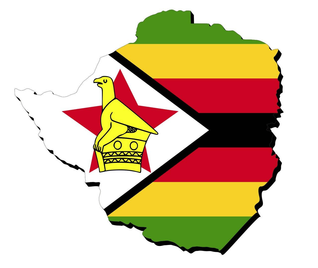 Zimbabwe 桌布 壁紙 — 辛巴威地圖填充其國旗，旗上有一隻黃色鳥在紅色星星上，背景為綠色、黃色和紅色條紋。