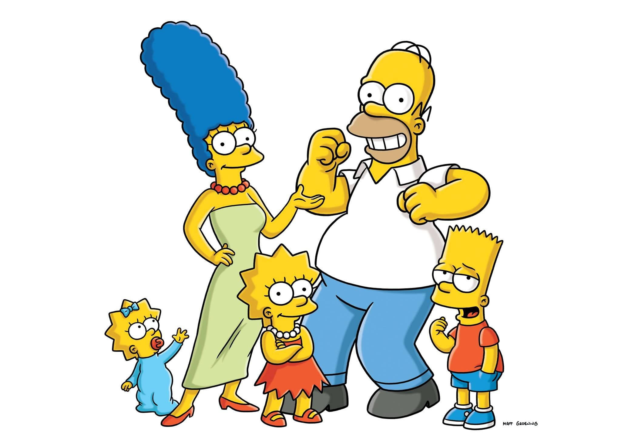 marge 桌布 壁紙 — 辛普森一家以他們標誌性的卡通風格一起擺姿勢，荷馬展示肌肉，瑪芝則是她標誌性的藍色蜂窩頭。
