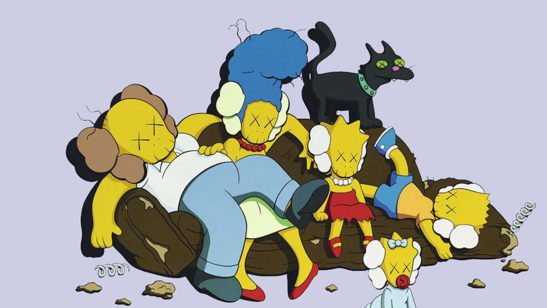 Kaws The Simpsons 桌布 壁紙 — 辛普森一家和他們的貓被描繪成在沙發上睡覺，眼睛呈X形，風格化的卡通藝術風格。