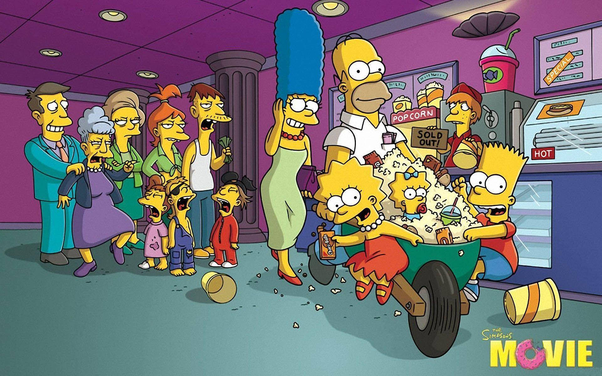 Simpsons Aesthetic 桌布 壁紙 — 辛普森一家和朋友在混亂的電影院，到處都是爆米花。