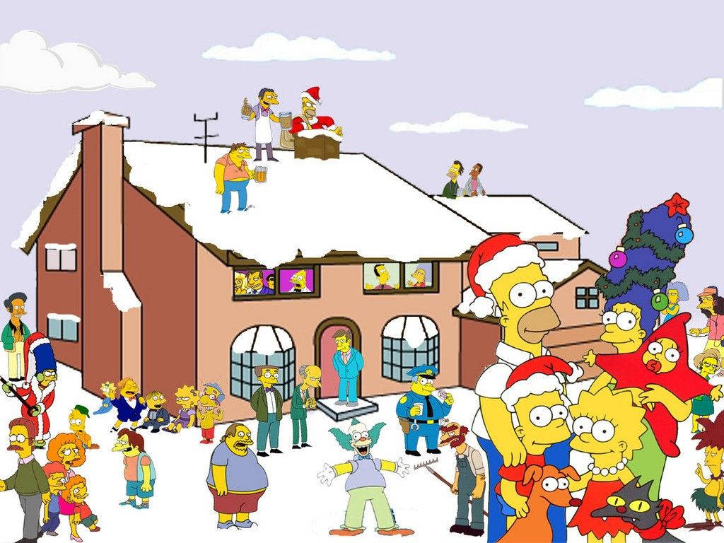 marge 桌布 壁紙 — 辛普森一家和鄰居們在白雪覆蓋的郊區社區慶祝聖誕節，充滿節日裝飾和節日歡樂。
