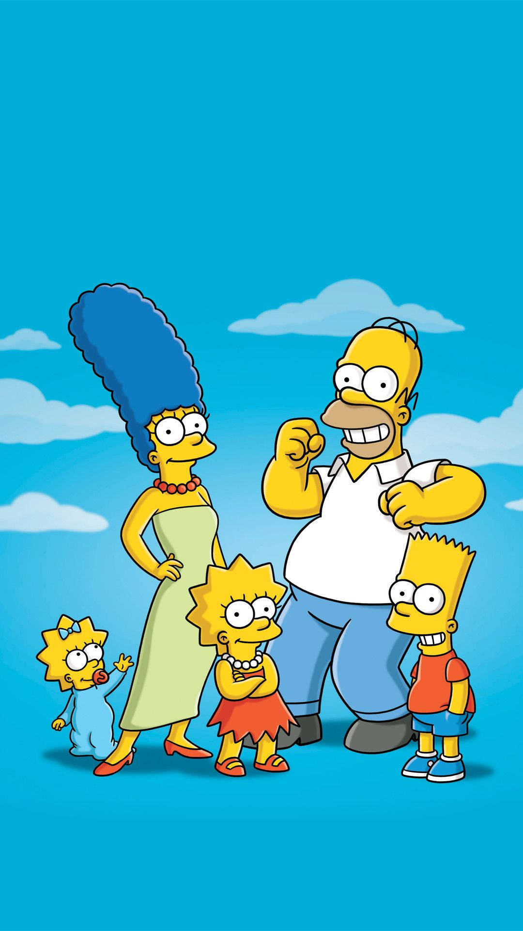 marge 桌布 壁紙 — 辛普森一家在明亮的藍天白雲下一起擺姿勢。