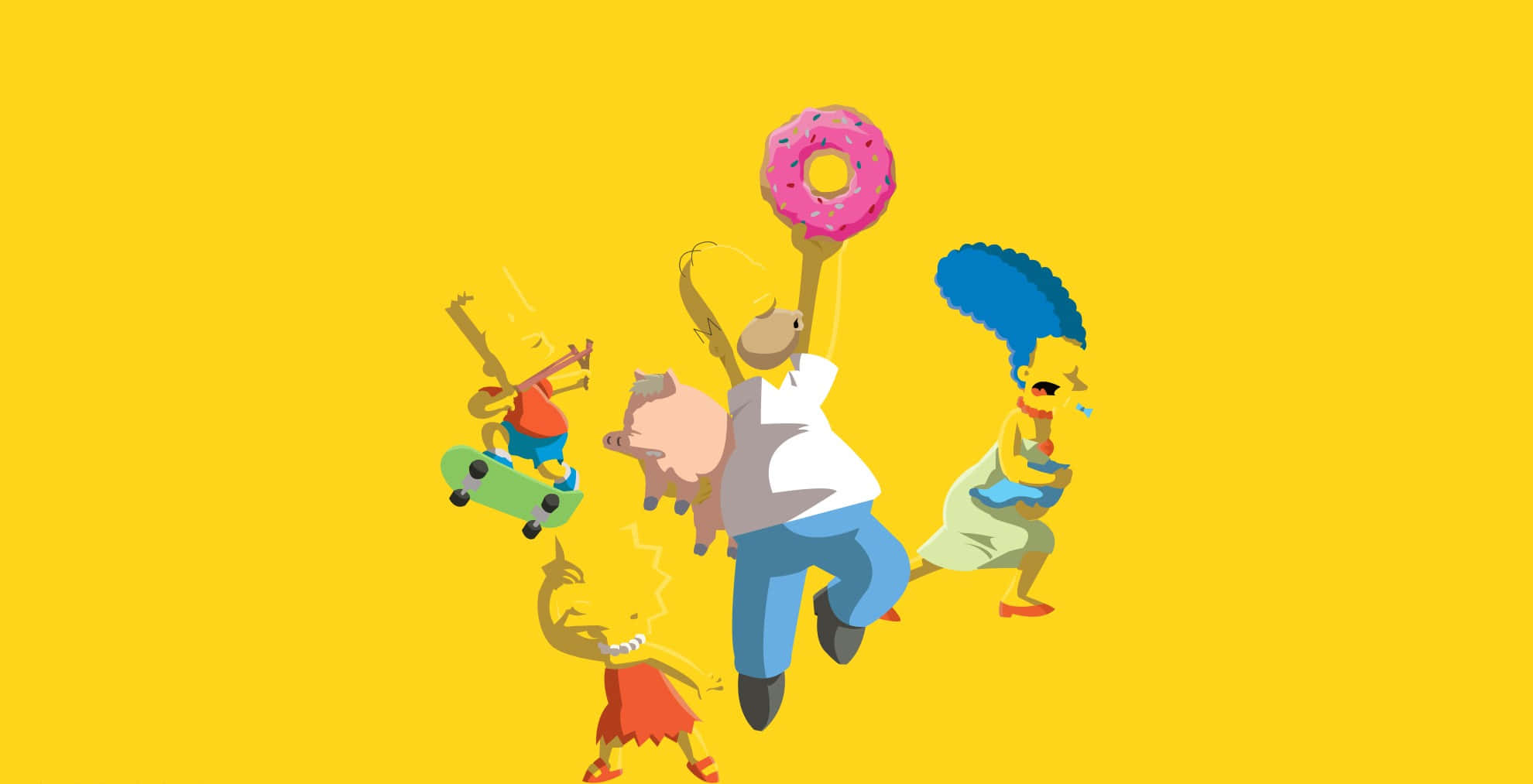 Funny Simpsons 桌布 壁紙 — 辛普森一家在明亮的黃色背景前，與一個巨大的粉紅色糖霜甜甜圈一起歡樂跳躍。