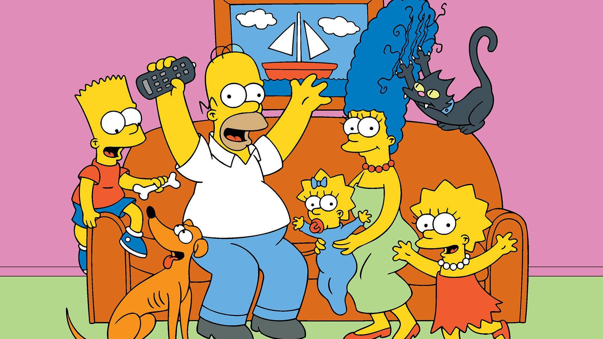 marge 桌布 壁紙 — 辛普森一家在沙發上興奮地歡呼，巴特拿著骨頭，瑪吉的貓棲息在上面。
